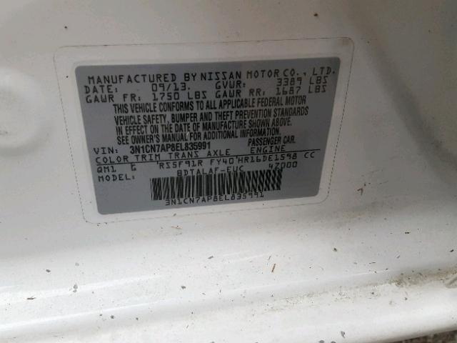 3N1CN7AP8EL835991 - 2014 NISSAN VERSA S WHITE photo 10