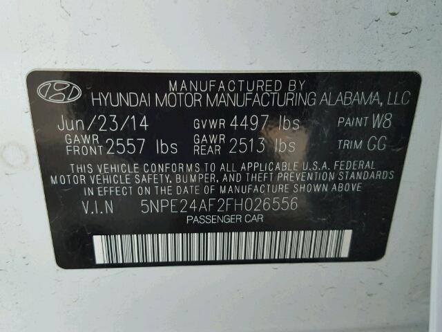 5NPE24AF2FH026556 - 2015 HYUNDAI SONATA SE WHITE photo 10