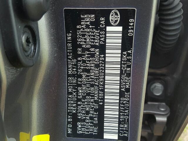 4T1BF1FK9GU232794 - 2016 TOYOTA CAMRY LE ნაცრისფერი ფოტო 10