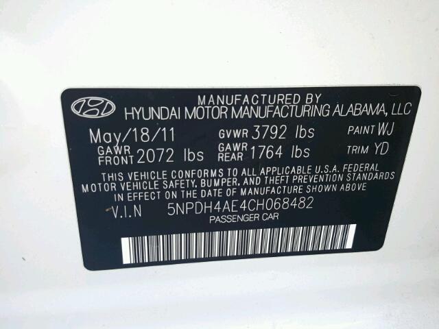 5NPDH4AE4CH068482 - 2012 HYUNDAI ELANTRA GL WHITE photo 10