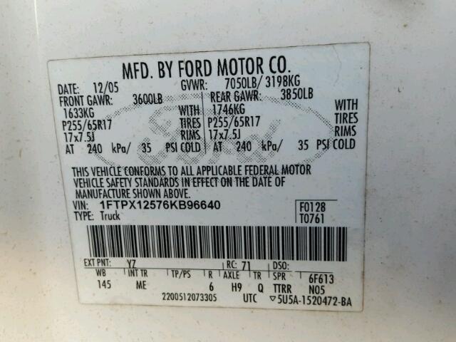 1FTPX12576KB96640 - 2006 FORD F150 Ақ фото 10