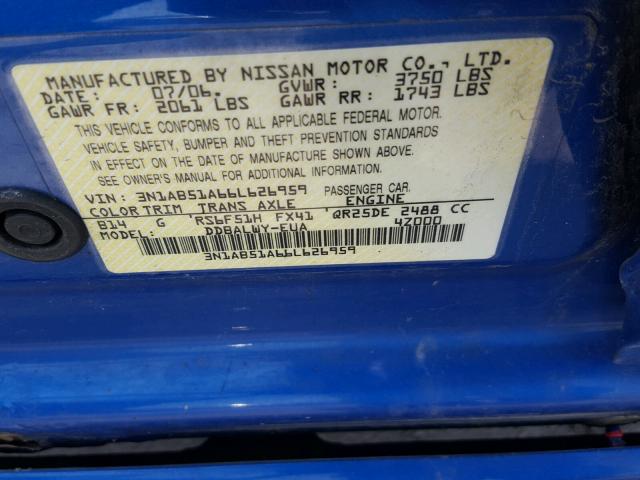 3N1AB51A66L626959 - 2006 NISSAN SENTRA SE- BLUE photo 10