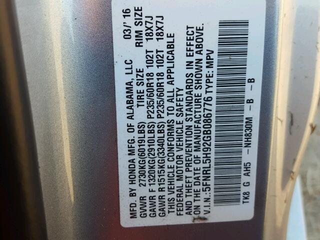 5FNRL5H92GB086776 - 2016 HONDA ODYSSEY TO SILVER photo 10