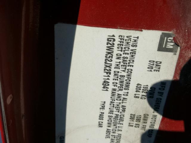 1G2WK52JX2F114941 - 2002 PONTIAC GRAND PRIX BURGUNDY photo 10