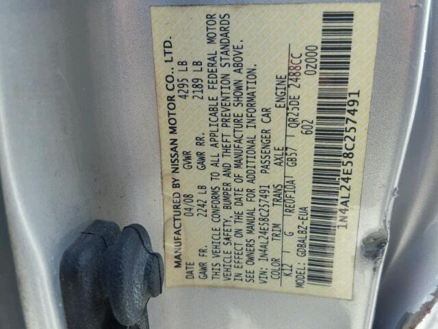 1N4AL24E58C257491 - 2008 NISSAN ALTIMA 2.5 SILVER photo 10