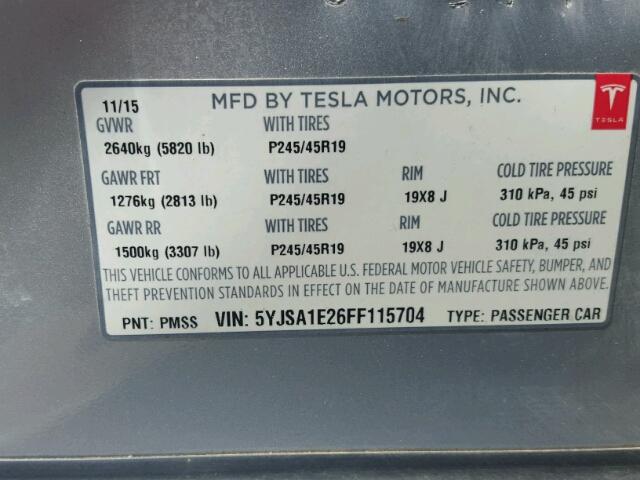 5YJSA1E26FF115704 - 2015 TESLA MODEL S SILVER photo 10