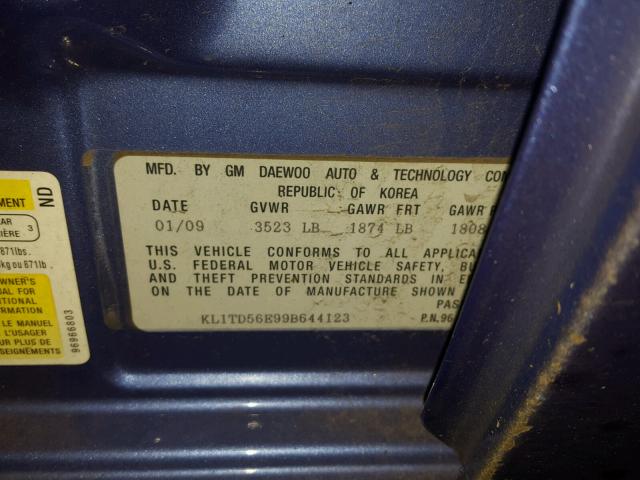 KL1TD56E99B644123 - 2009 CHEVROLET AVEO LS BLUE photo 10