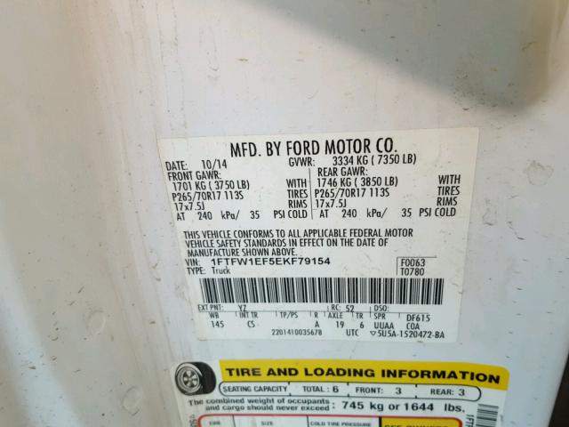 1FTFW1EF5EKF79154 - 2014 FORD F150 WHITE photo 10