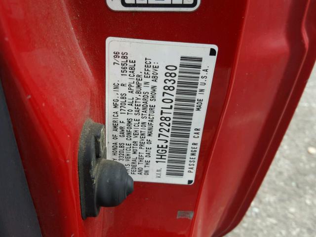 1HGEJ7228TL078380 - 1996 HONDA CIVIC HX RED photo 10