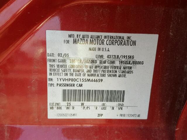 1YVHP80C155M44659 - 2005 MAZDA 6 I Rojo foto 10