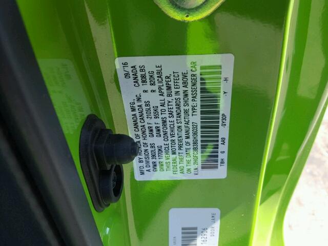 2HGFC3B38GH360327 - 2016 HONDA CIVIC EX მწვანე ფოტო 10