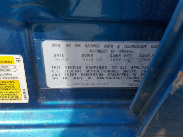 KL1TD66E69B321265 - 2009 CHEVROLET AVEO LS TEAL photo 10