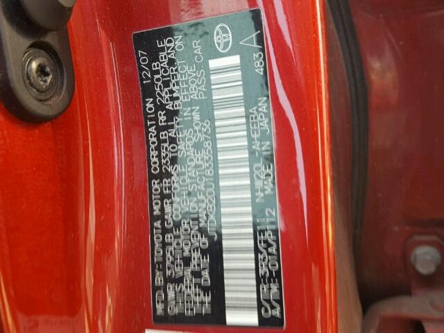 JTDKB20U183358736 - 2008 TOYOTA PRIUS RED photo 10