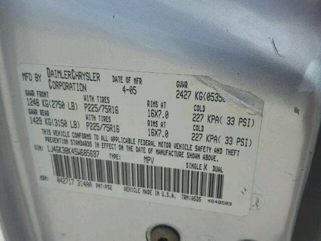 1J4GK38K45W685697 - 2005 JEEP LIBERTY RE SILVER photo 10