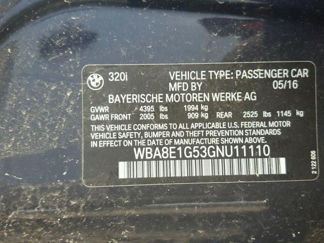 WBA8E1G53GNU11110 - 2016 BMW 320 I BLUE photo 10