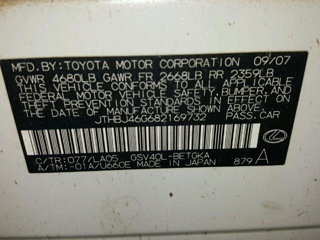 JTHBJ46G682169732 - 2008 LEXUS ES 350 WHITE photo 10