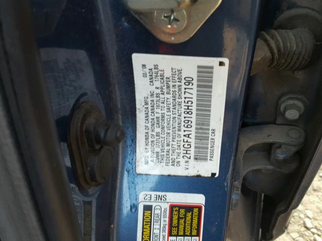 2HGFA16918H517190 - 2008 HONDA CIVIC EXL Mavi foto 10