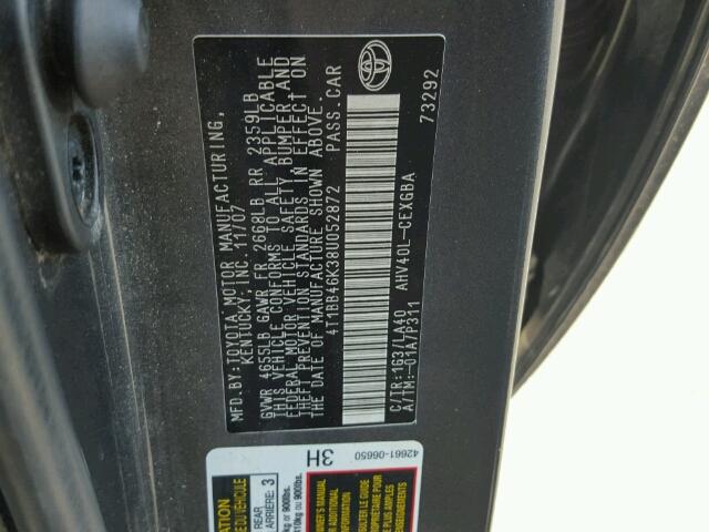 4T1BB46K38U052872 - 2008 TOYOTA CAMRY HYBR CHARCOAL photo 10