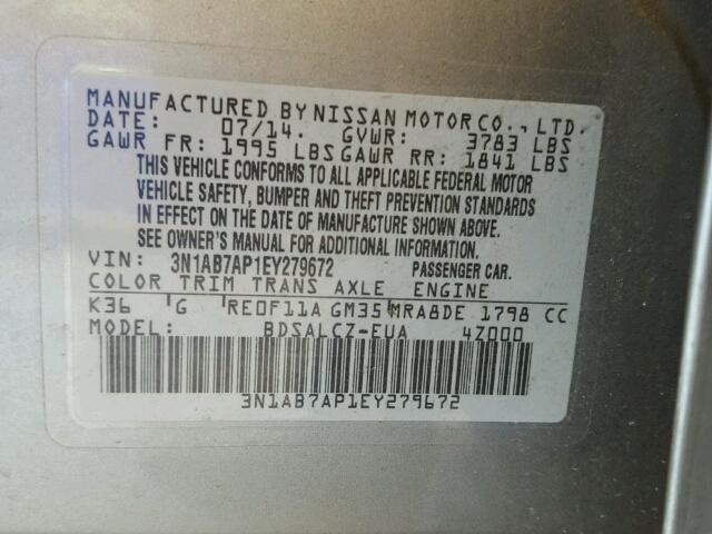 3N1AB7AP1EY279672 - 2014 NISSAN SENTRA S GRAY photo 10