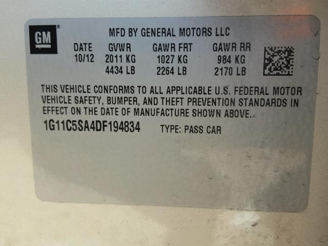 1G11C5SA4DF194834 - 2013 CHEVROLET MALIBU 1LT ოქროსფერი ფოტო 10