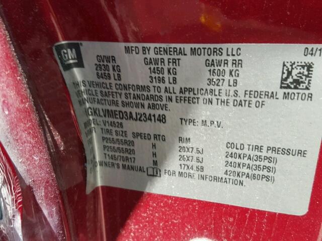 1GKLVMED3AJ234148 - 2010 GMC ACADIA SLT წითელი ფოტო 10