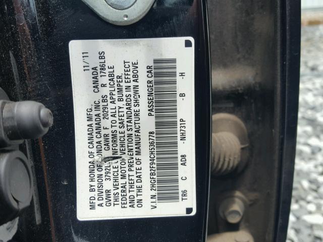 2HGFB2F94CH536778 - 2012 HONDA CIVIC EXL 黑色 照片 10