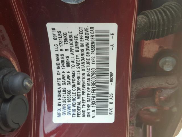 19XFA1F61BE007980 - 2011 HONDA CIVIC LX-S Bordo foto 10