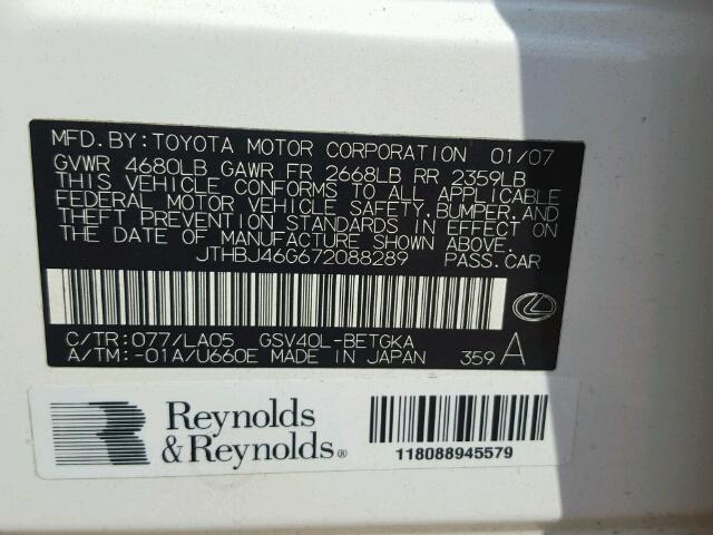 JTHBJ46G672088289 - 2007 LEXUS ES WHITE photo 10