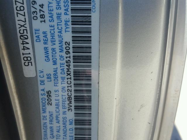 3VWBC21C1XM451902 - 1999 VOLKSWAGEN NEW BEETLE ვერცხლისფერი ფოტო 10