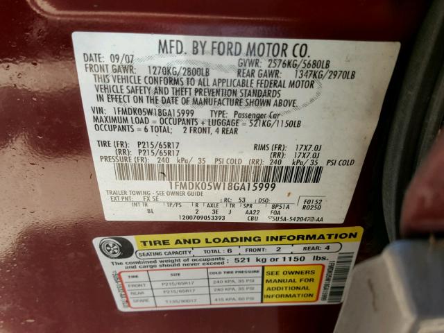 1FMDK05W18GA15999 - 2008 FORD TAURUS X S MAROON photo 10