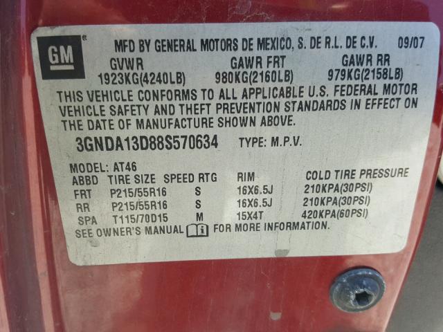 3GNDA13D88S570634 - 2008 CHEVROLET HHR LS MAROON photo 10