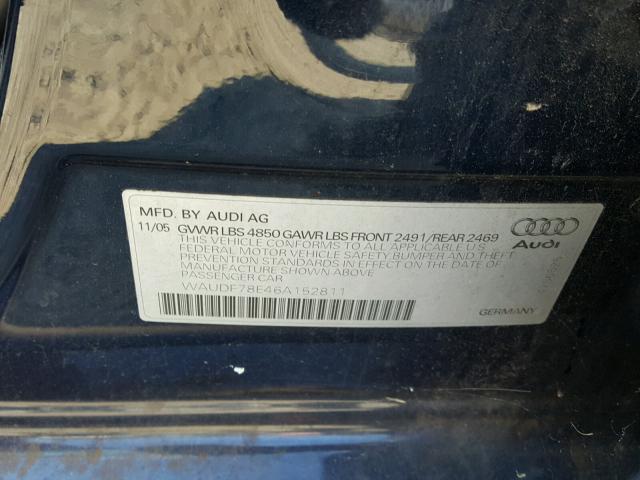 WAUDF78E46A152811 - 2006 AUDI A4 2.0T QU BLUE photo 10