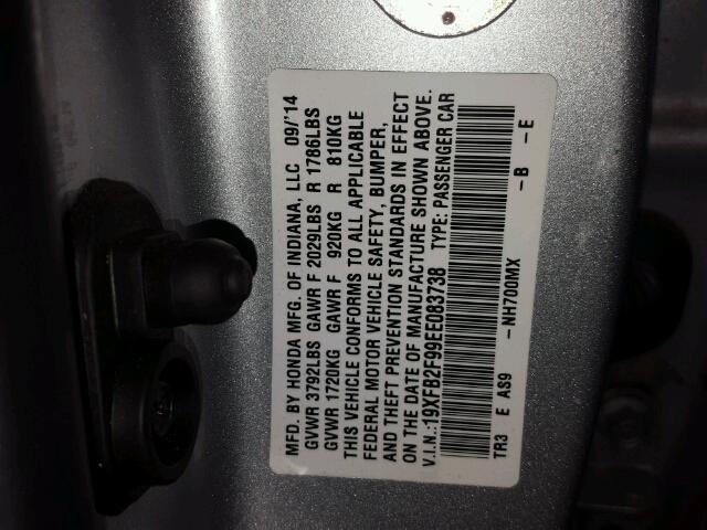 19XFB2F99EE083738 - 2014 HONDA CIVIC SILVER photo 10