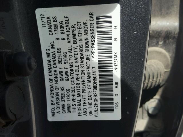 2HGFB2F98DH504417 - 2013 HONDA CIVIC EXL 灰色 照片 10