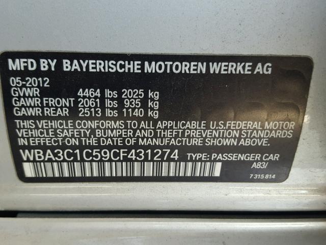 WBA3C1C59CF431274 - 2012 BMW 328 I SULE SILVER photo 10
