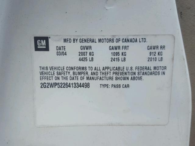 2G2WP522641334498 - 2004 PONTIAC GRAND PRIX WHITE photo 10