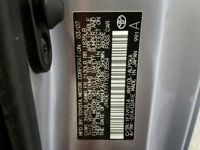 JTKDE177170213554 - 2007 TOYOTA SCION TC 银色 照片 10