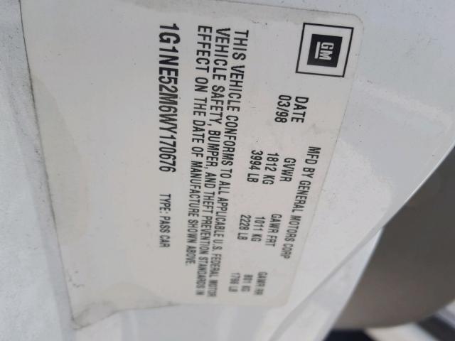 1G1NE52M6WY170676 - 1998 CHEVROLET MALIBU LS თეთრი ფოტო 10