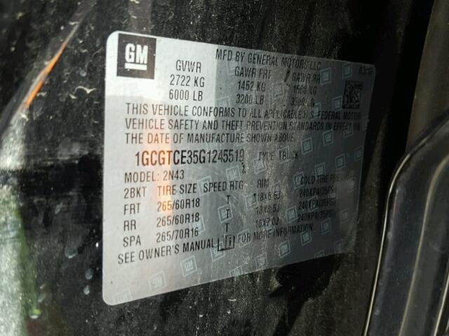 1GCGTCE35G1245519 - 2016 CHEVROLET COLORADO L BLACK photo 10