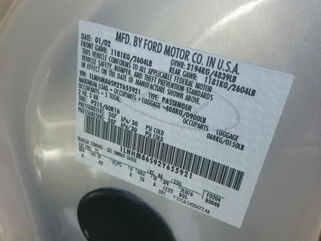 1LNHM86S92Y655921 - 2002 LINCOLN LS 银色 照片 10