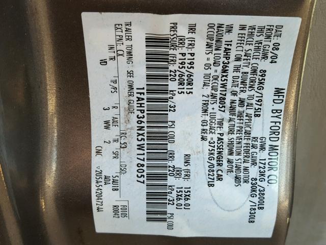 1FAHP36NX5W178057 - 2005 FORD FOCUS ZXW GRAY photo 10