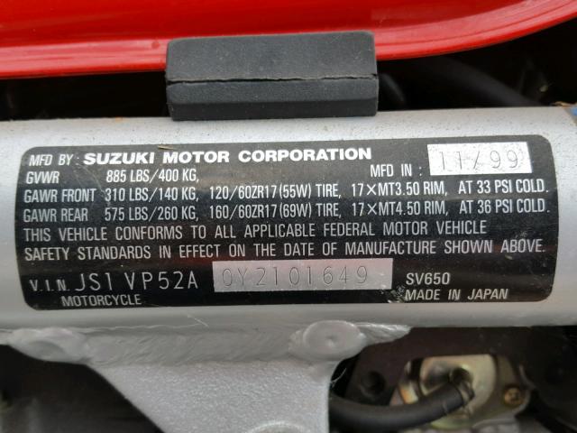 JS1VP52A0Y2101649 - 2000 SUZUKI SV650 RED photo 10