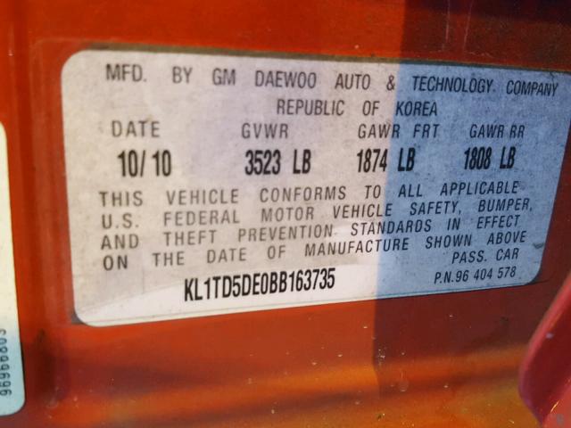 KL1TD5DE0BB163735 - 2011 CHEVROLET AVEO LS RED photo 10