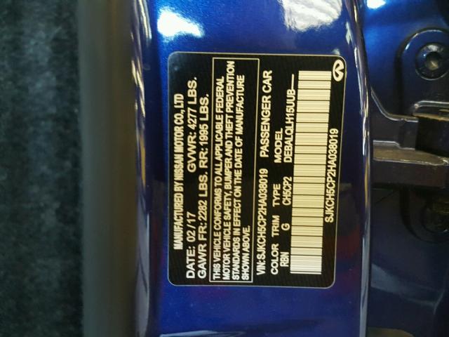 SJKCH5CP2HA038019 - 2017 INFINITI QX30 BASE BLUE photo 10