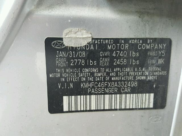 KMHFC46FX8A332498 - 2008 HYUNDAI AZERA SE SILVER photo 10