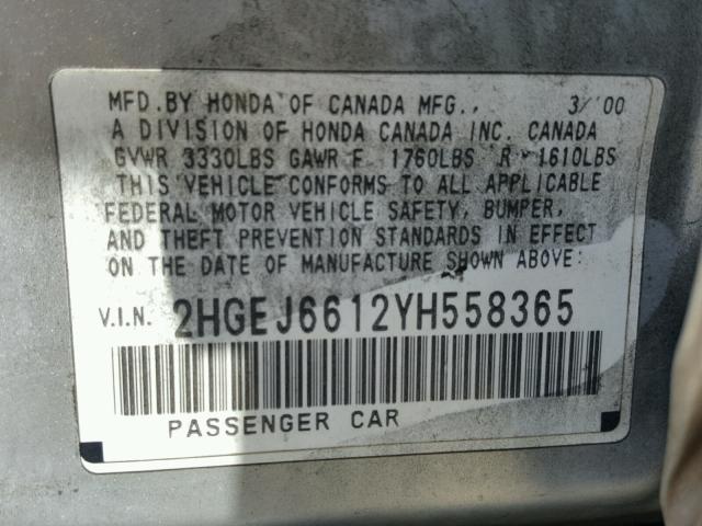 2HGEJ6612YH558365 - 2000 HONDA CIVIC BASE SILVER photo 10