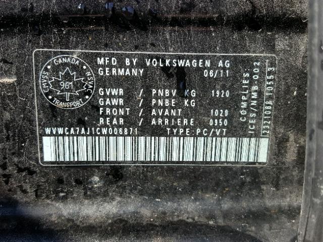 WVWCA7AJ1CW006871 - 2012 VOLKSWAGEN GOLF BLACK photo 10