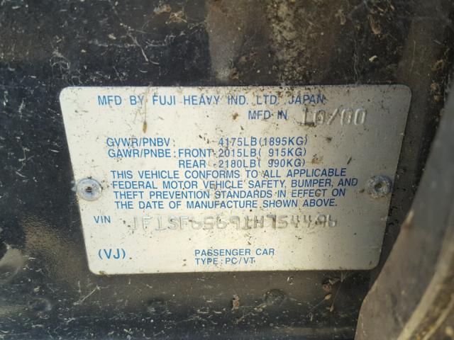 JF1SF65691H754496 - 2001 SUBARU FORESTER S BLACK photo 10