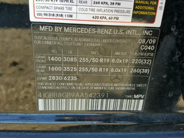 4JGBB8GB9AA542391 - 2010 MERCEDES-BENZ ML 350 4MA BLACK photo 10