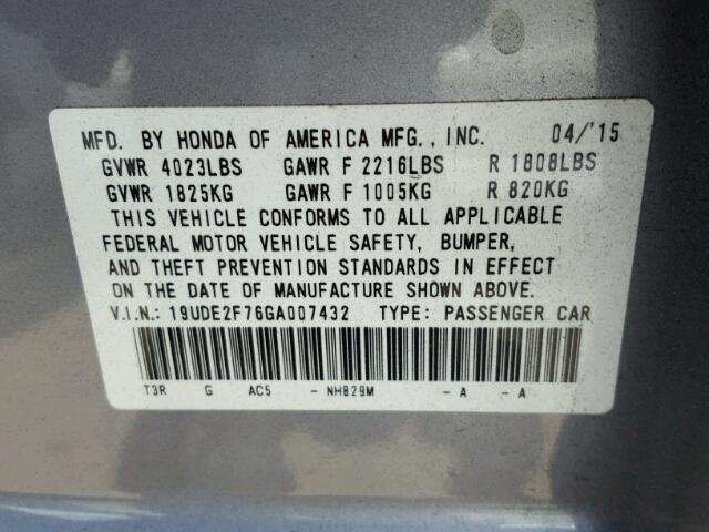 19UDE2F76GA007432 - 2016 ACURA ILX PREMIU SILVER photo 10